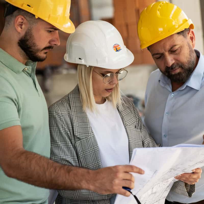 three People Reviewing Blueprints with hard hats